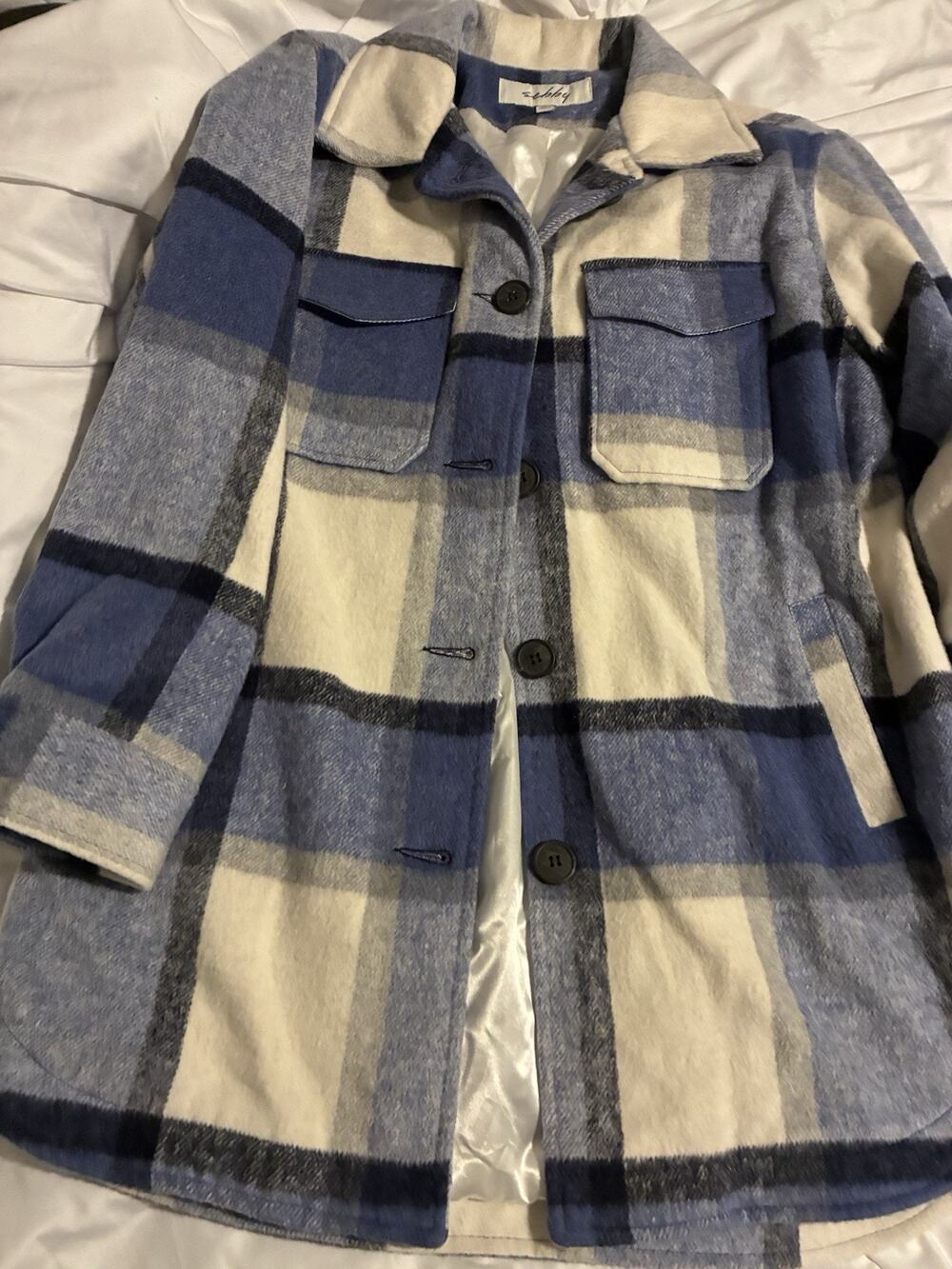 Sebby womens Plaid Flannel Shirt Jacket Lined Collared Pockets Blue Gray M NWT